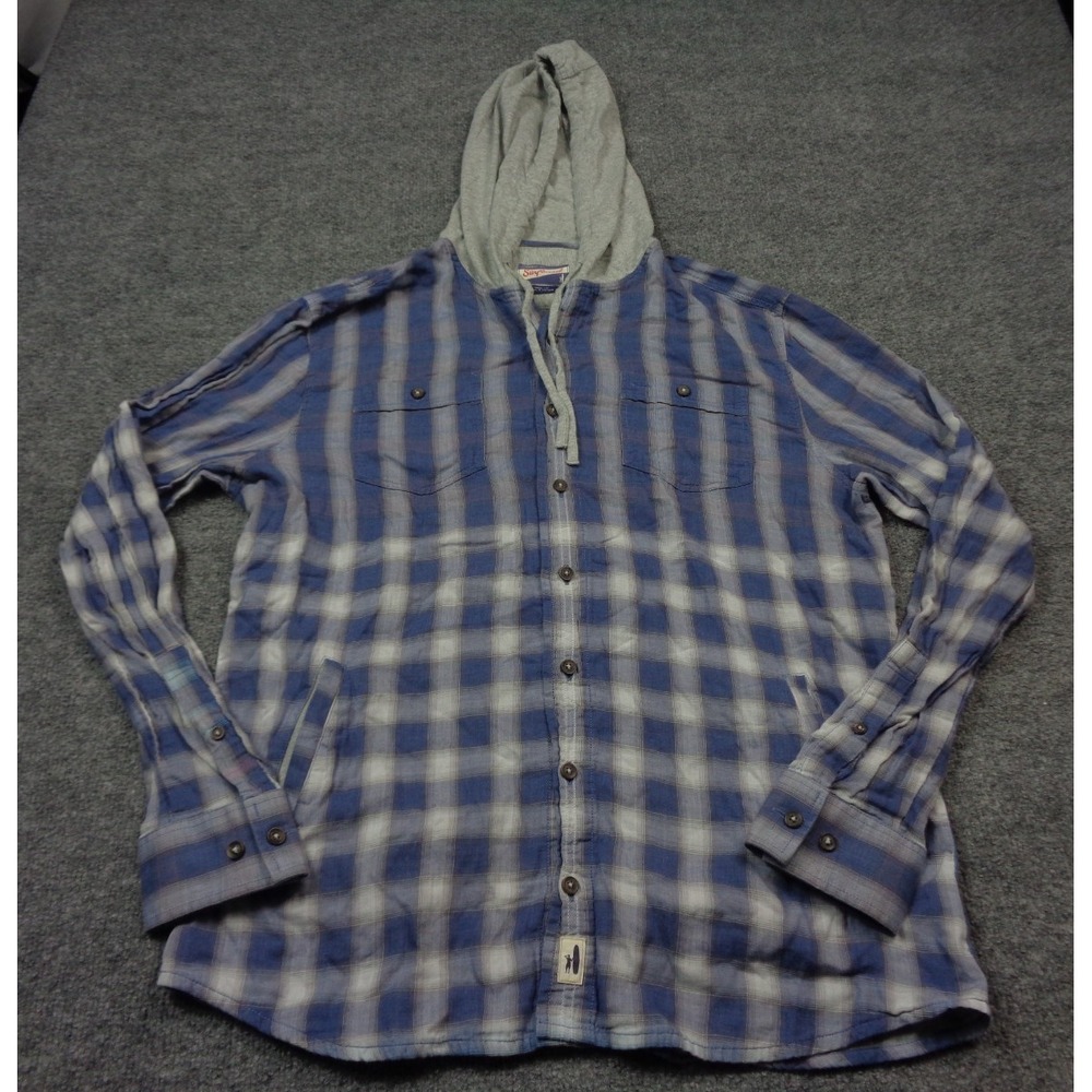 Johnnie O Shirt Mens M Blue Plaid Surf Flannel Surflannel Hood Long Sleeve Bruh
